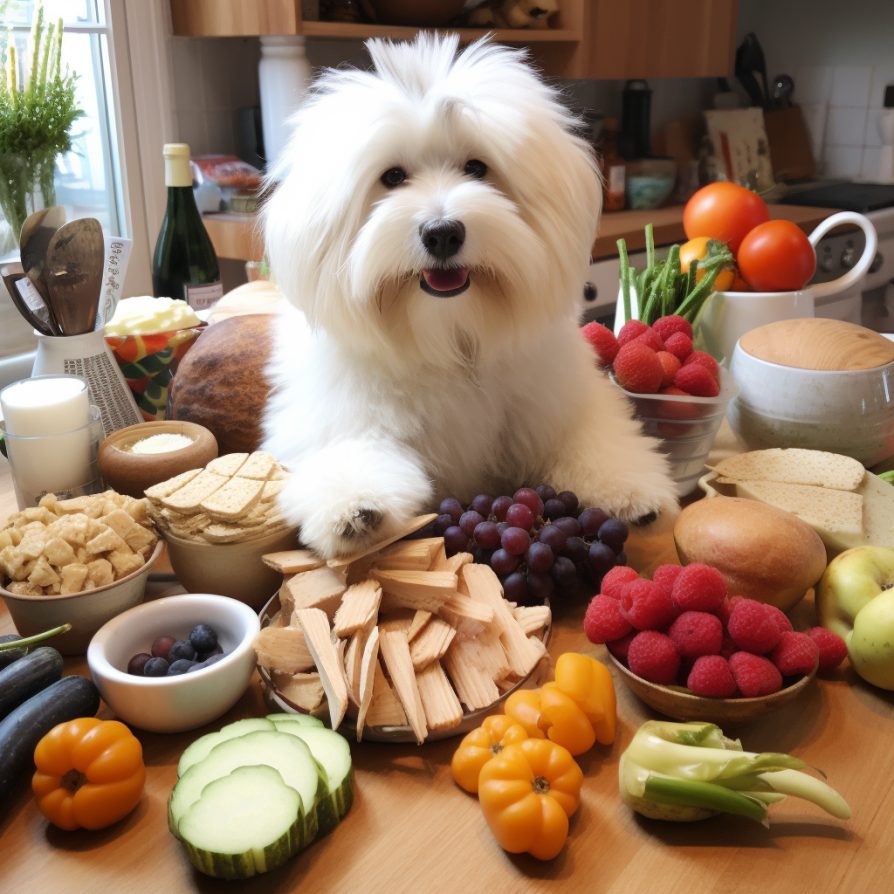 Coton de Tulear surrounded by a table full of food