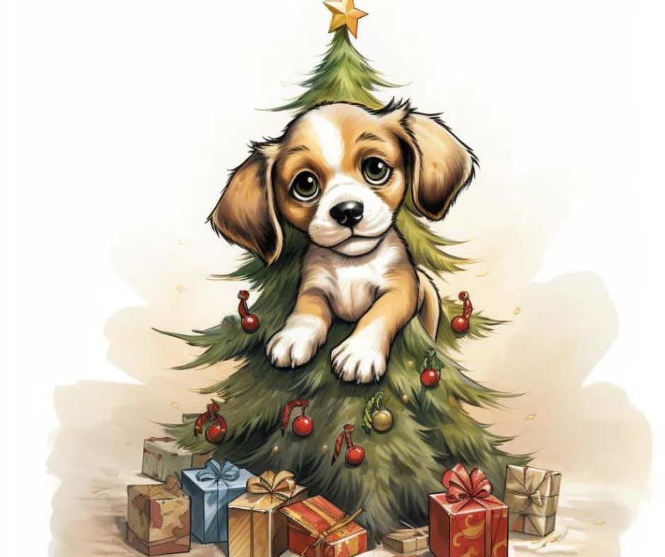 cartoon dog on top of Christmas tree