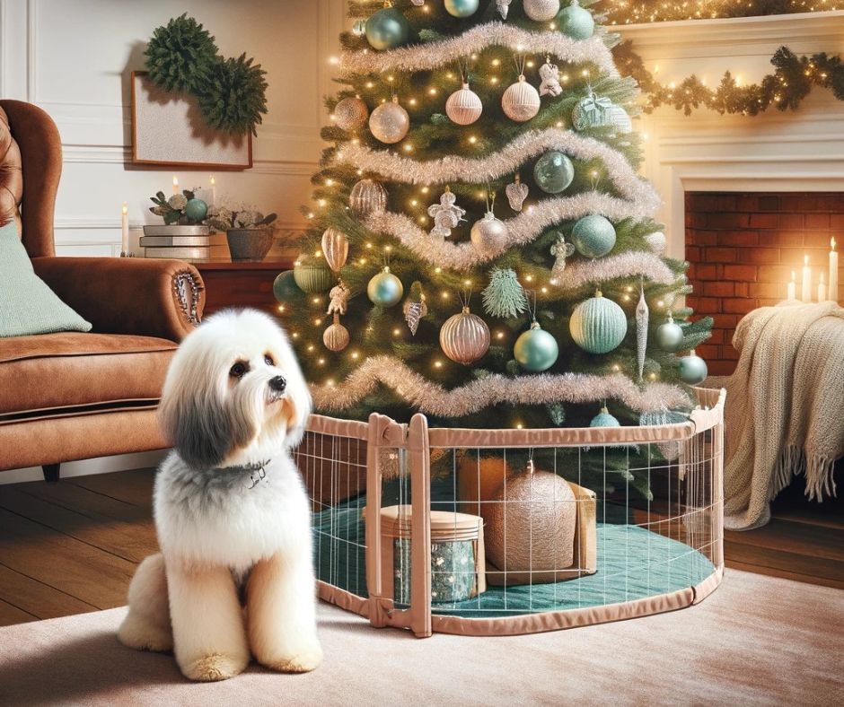 Christmas tree inside gate to prevent dog access