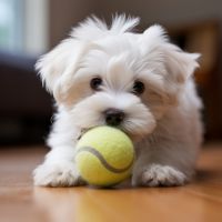 Coton de Tulear chewing tennis ball
