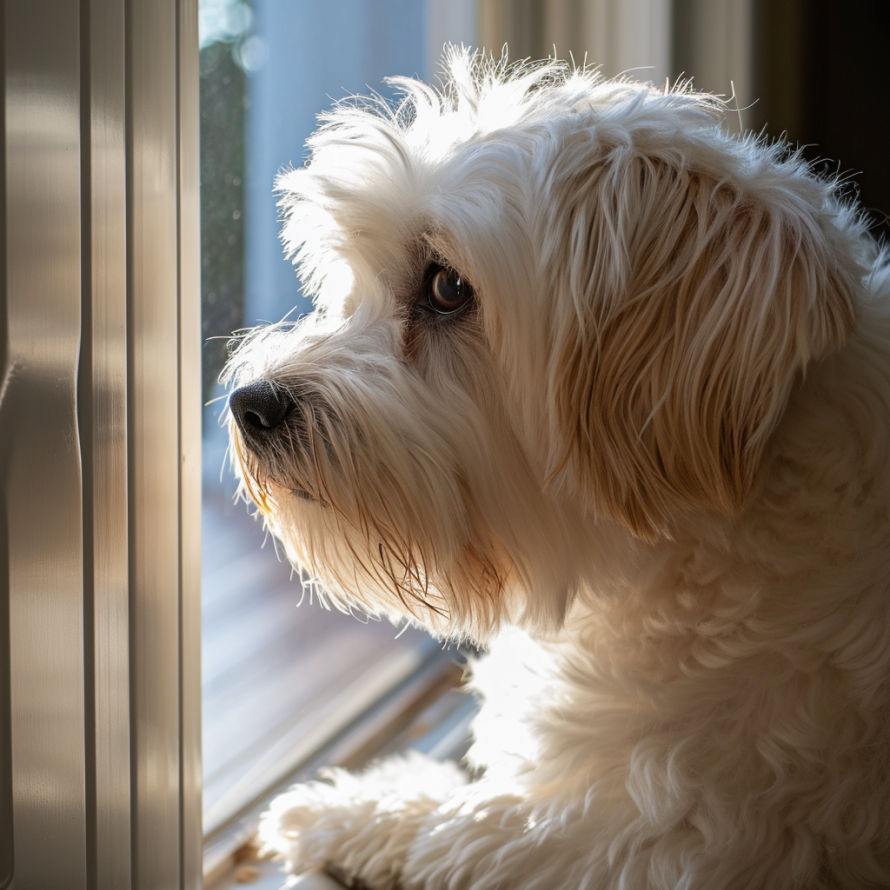 Coton de Tulear staring out the window