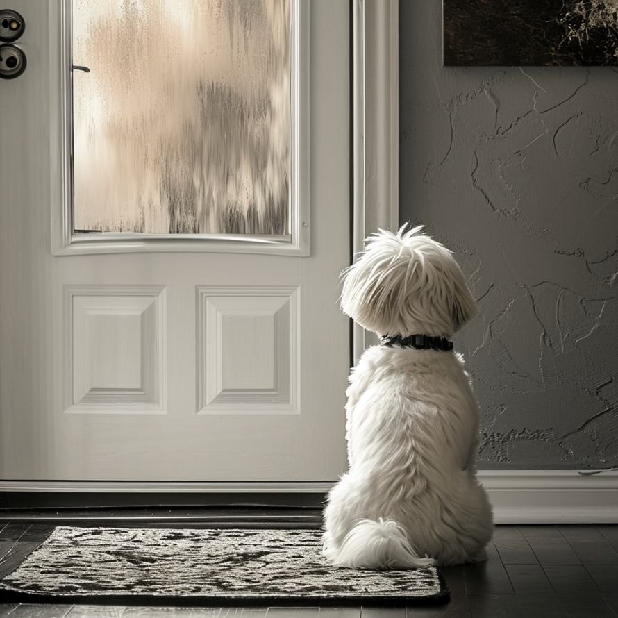 Coton de Tulear waiting by front door