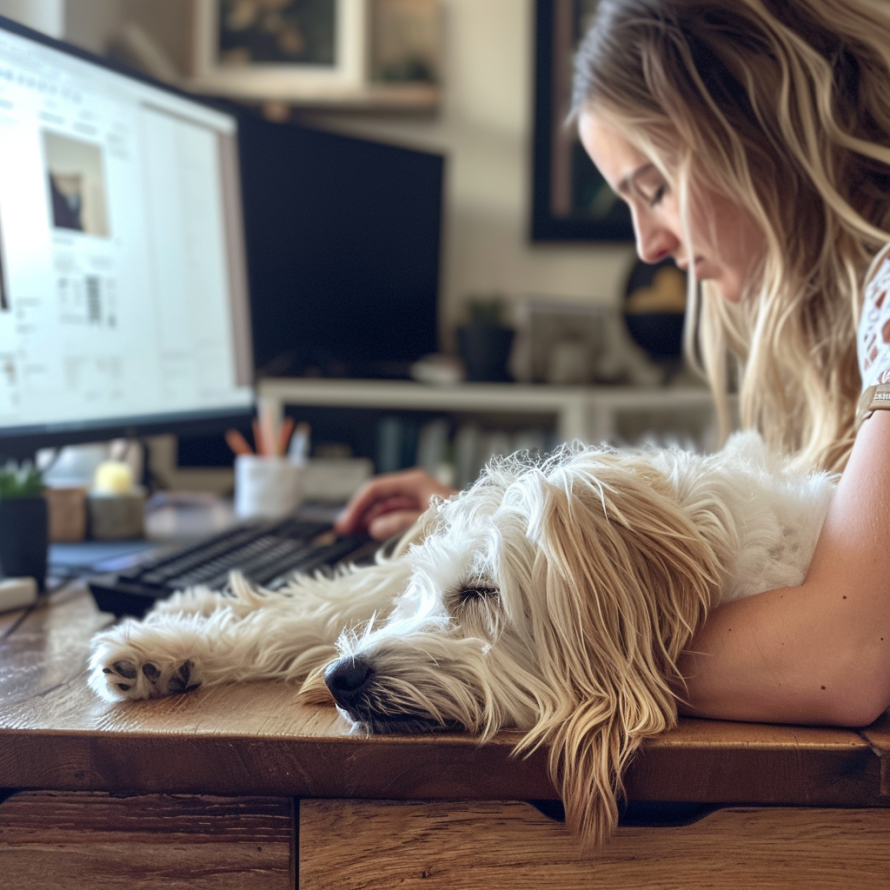 Coton de Tulear sleeping next to laptop