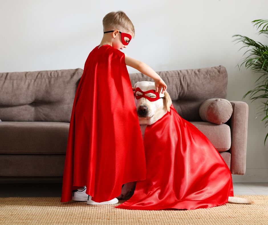 superhero costume for dog and kid
