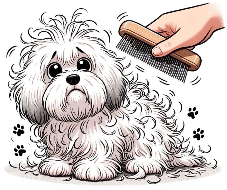 grooming an anxious Coton de Tulear cartoon