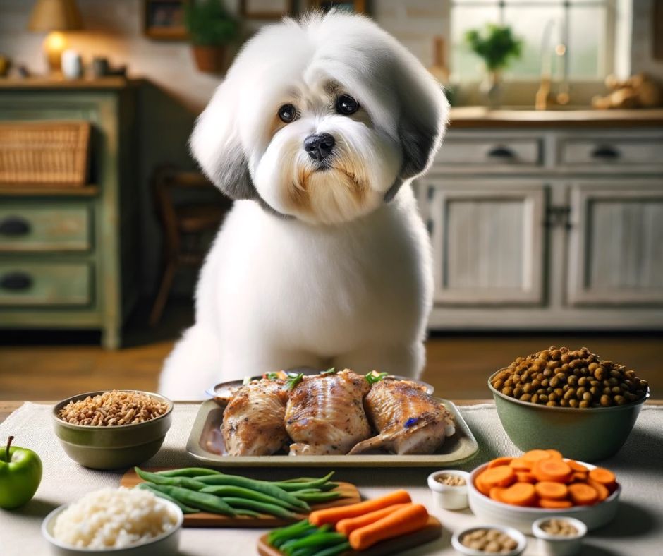 Coton de Tulear with healthy foods