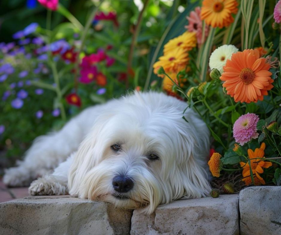 senior Coton de Tulear in garden