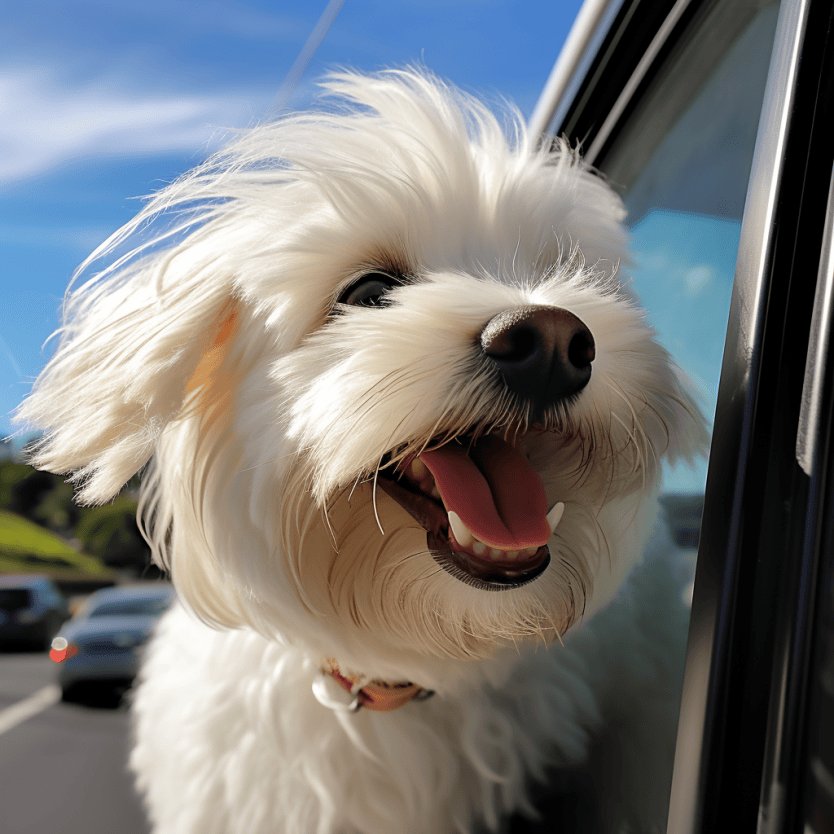 Coton de Tulear in car with head out the window