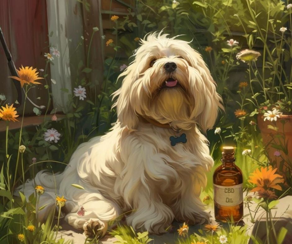 Coton de Tulear in garden with bottle of CBD oil