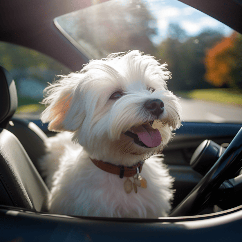 coton de tulear sitting in car