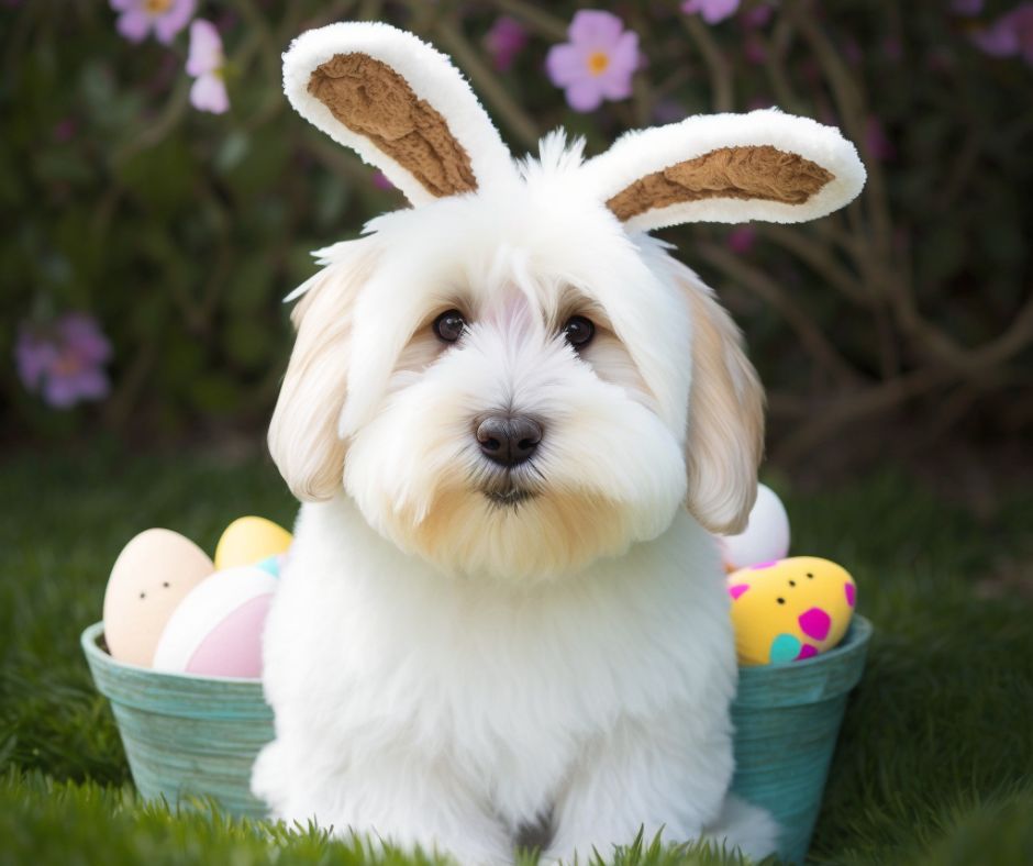 Coton de Tulear dressed as Easter bunny