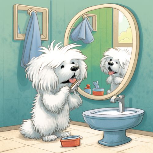 Cartoon Coton de Tulear brushing his teeth