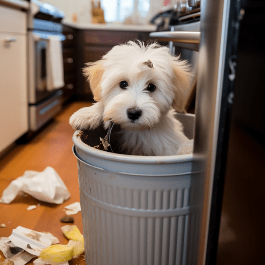 Coton de Tulear in trash can