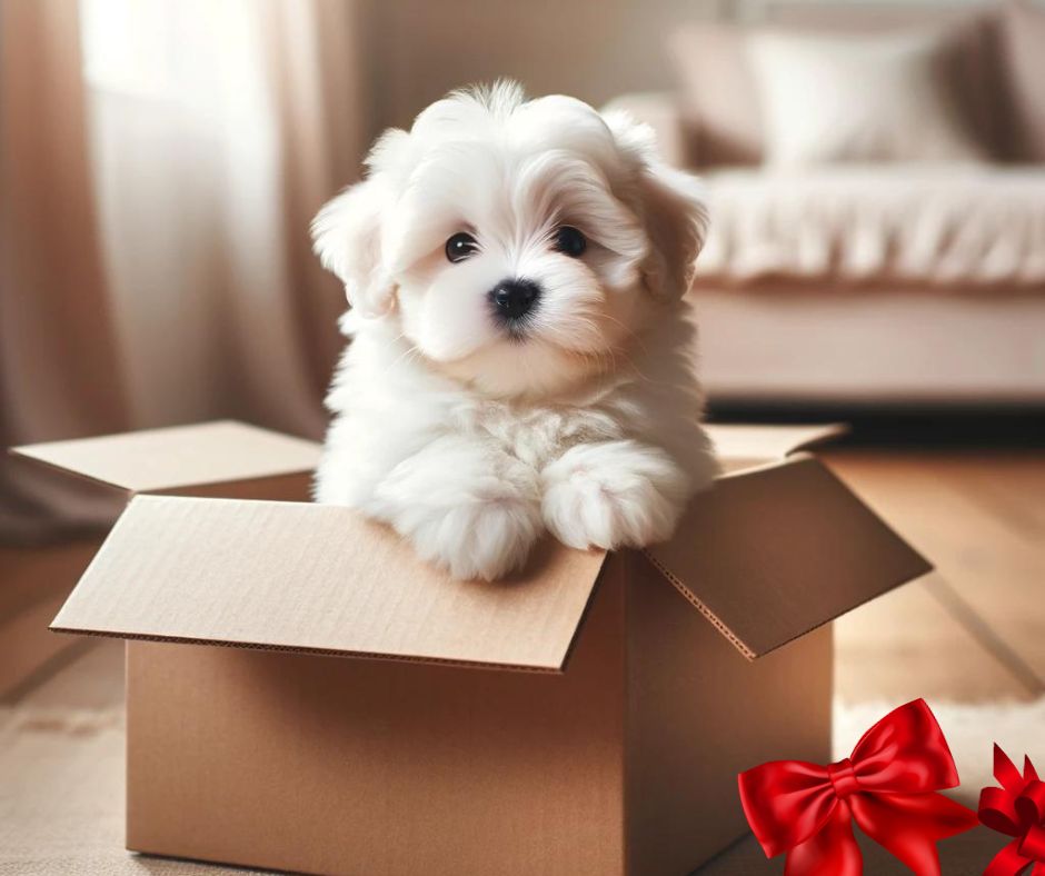 Coton de Tulear in cardboard box with red ribbon