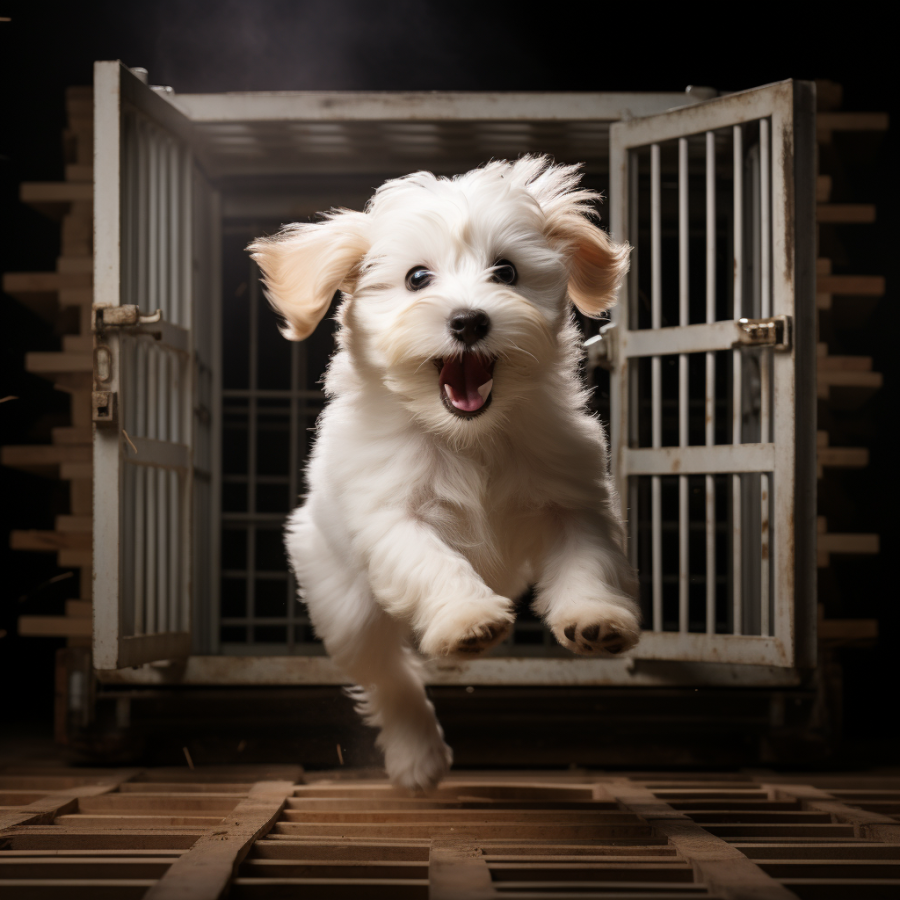 coton de tulear escaping from its crate