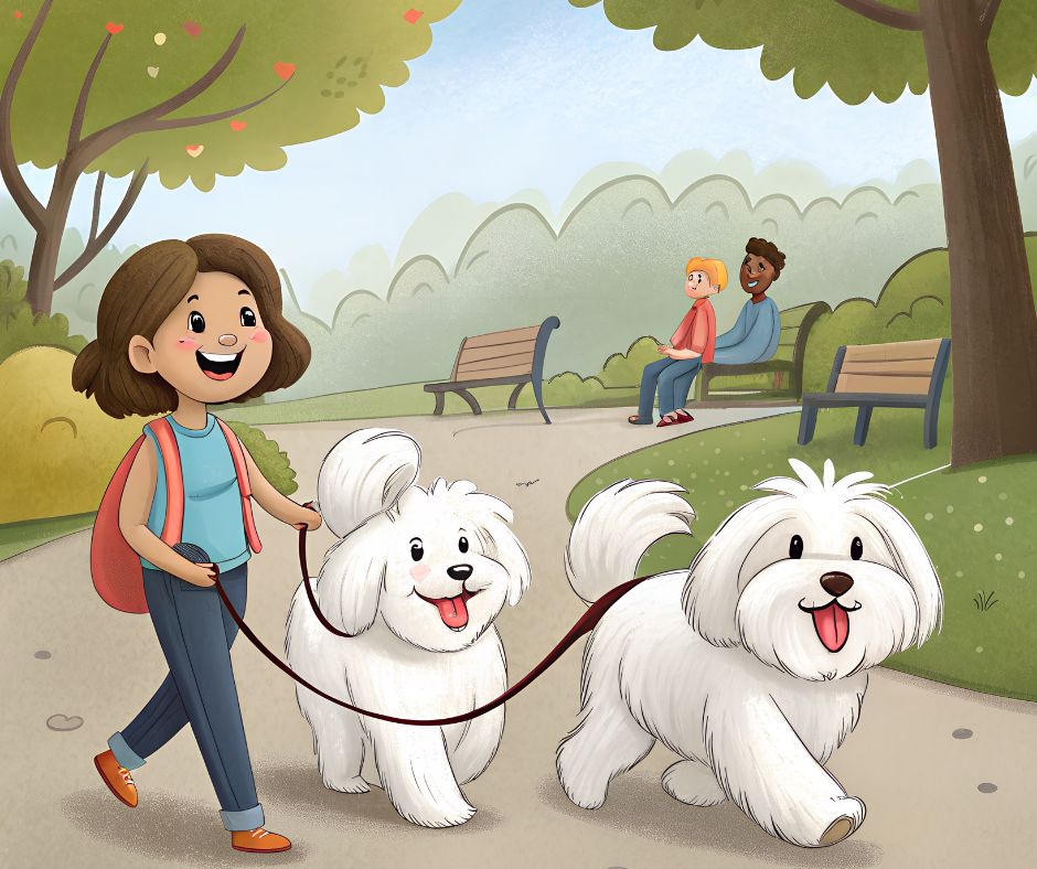 coton de Tulear dogs walking happily in the park